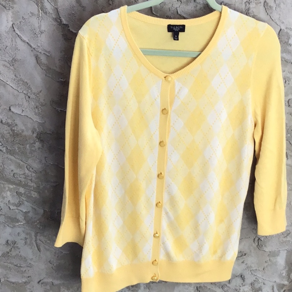 Talbots Sunshine Yellow Argyle Cardigan Light Academia Retro Worn 1x MP